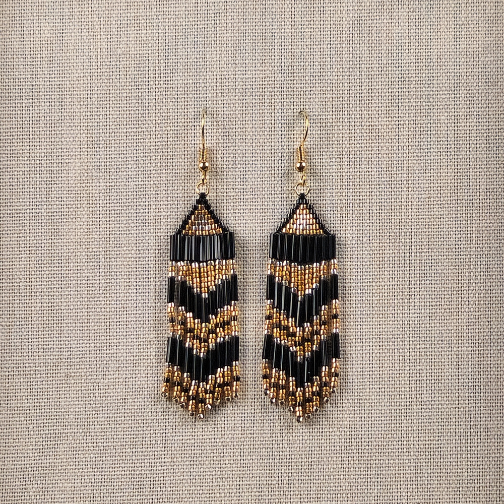 Handmade Delica & Bugle Fringe Earrings Black Gold Silver 18k GP Nickel Free